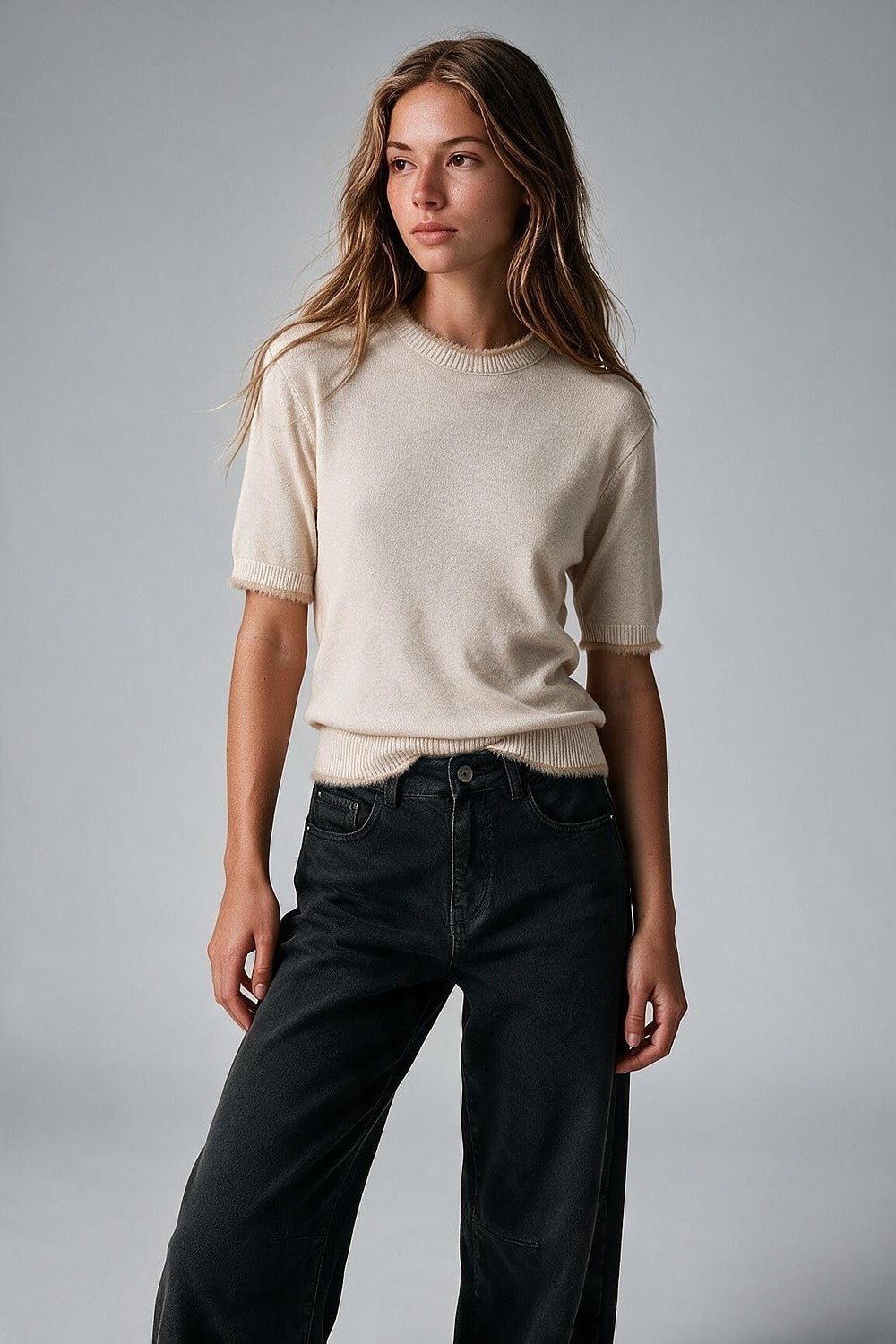 Beige Short Sleeve Crew Neck Sweater with Faux Fur Trim
