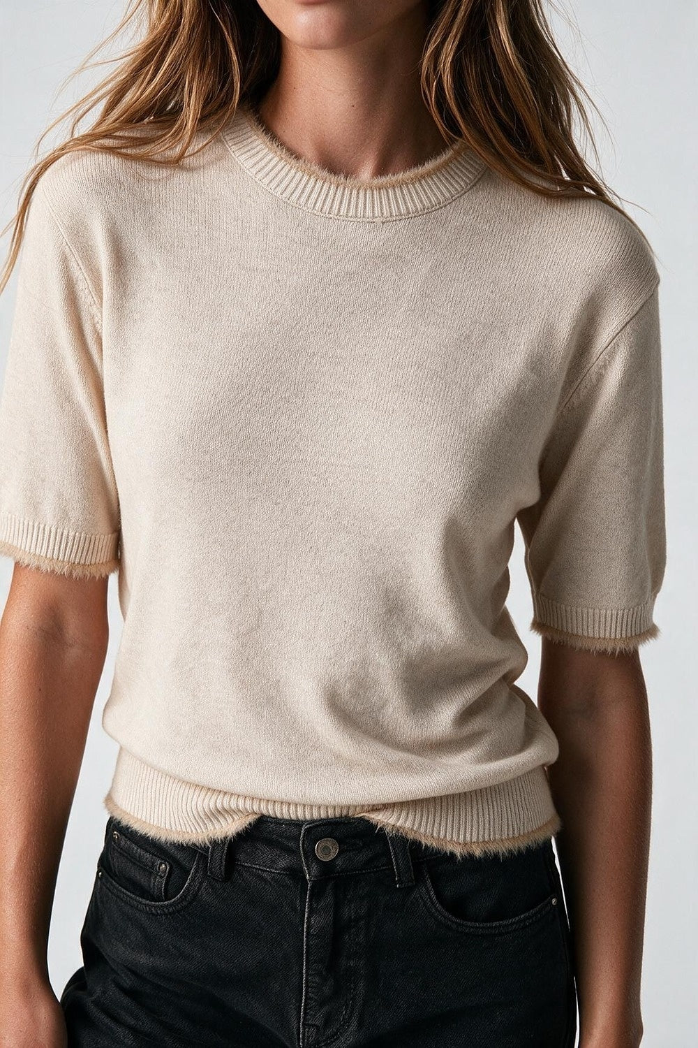 Beige Short Sleeve Crew Neck Sweater with Faux Fur Trim - Tops