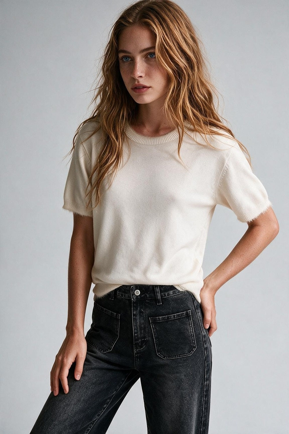 cream Short Sleeve Crew Neck Sweater with Faux Fur Trim - Tops