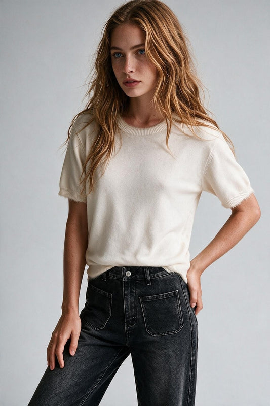 cream Short Sleeve Crew Neck Sweater with Faux Fur Trim - Tops