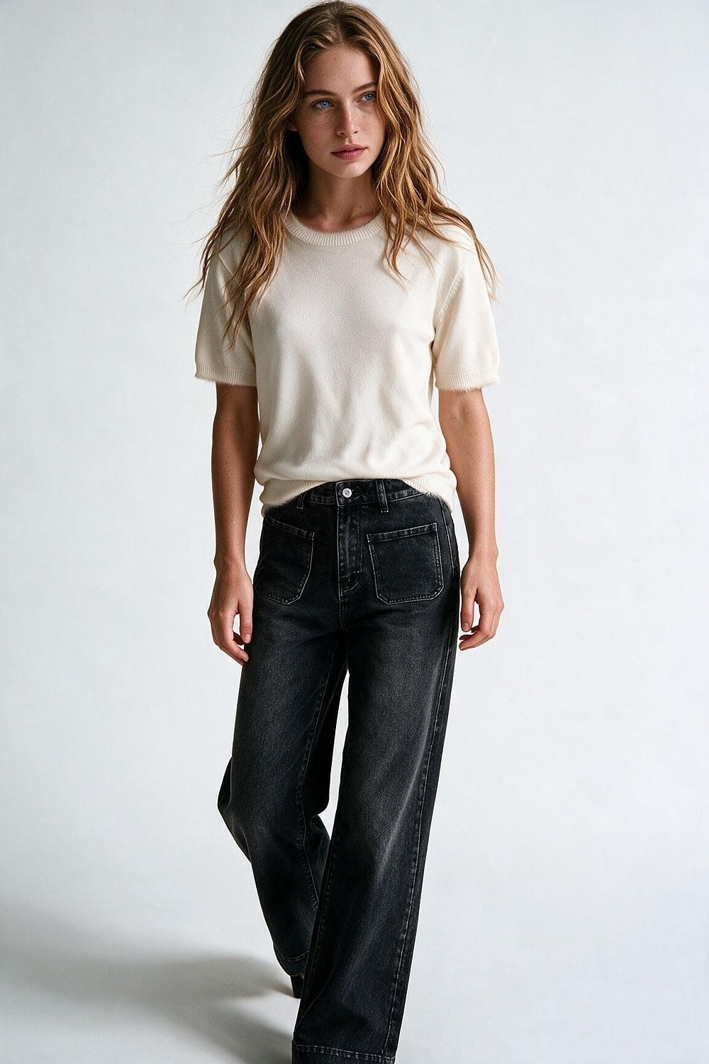 cream Short Sleeve Crew Neck Sweater with Faux Fur Trim - Tops