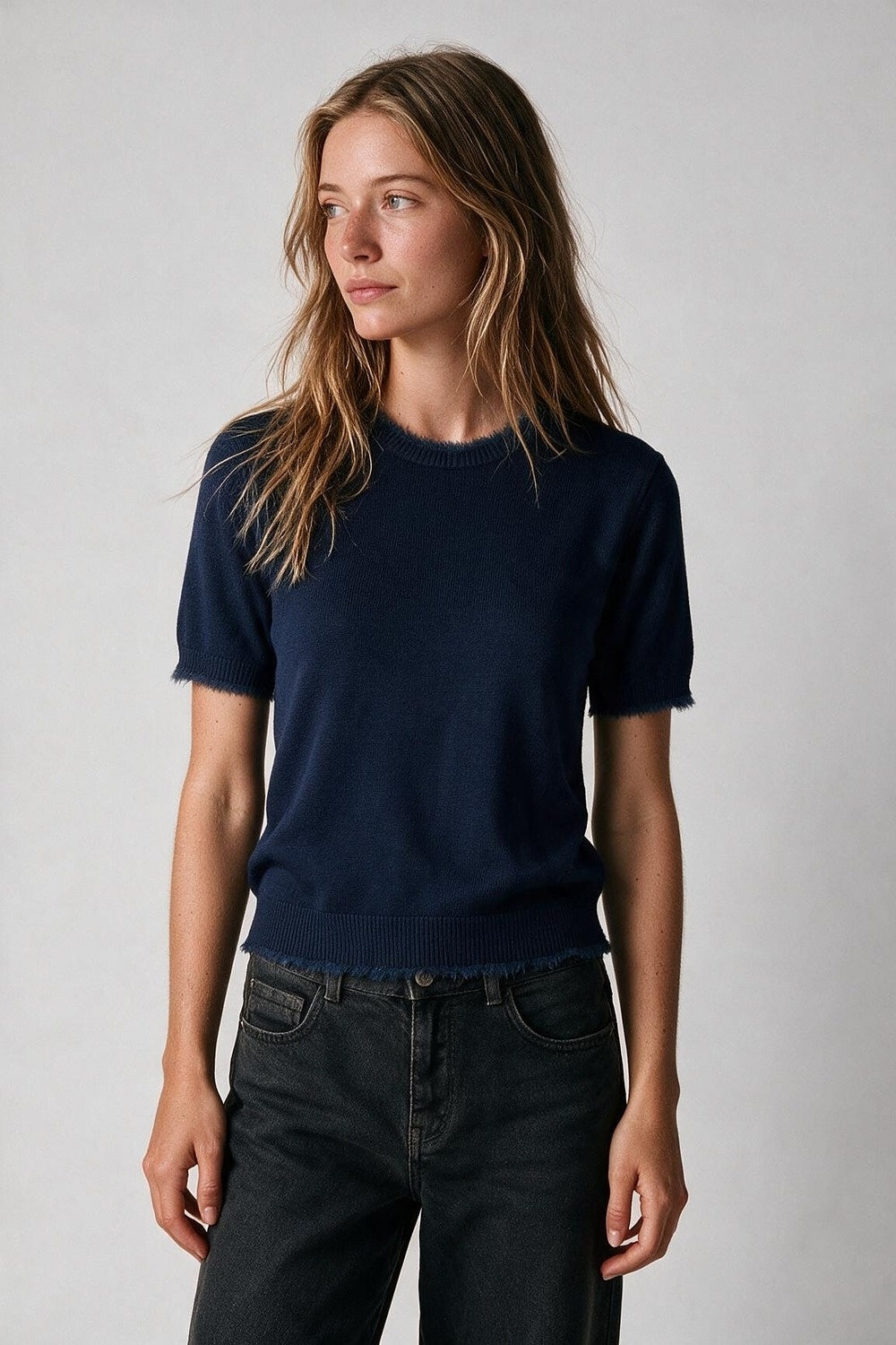Navy Short Sleeve Crew Neck Sweater with Faux Fur Trim - Tops
