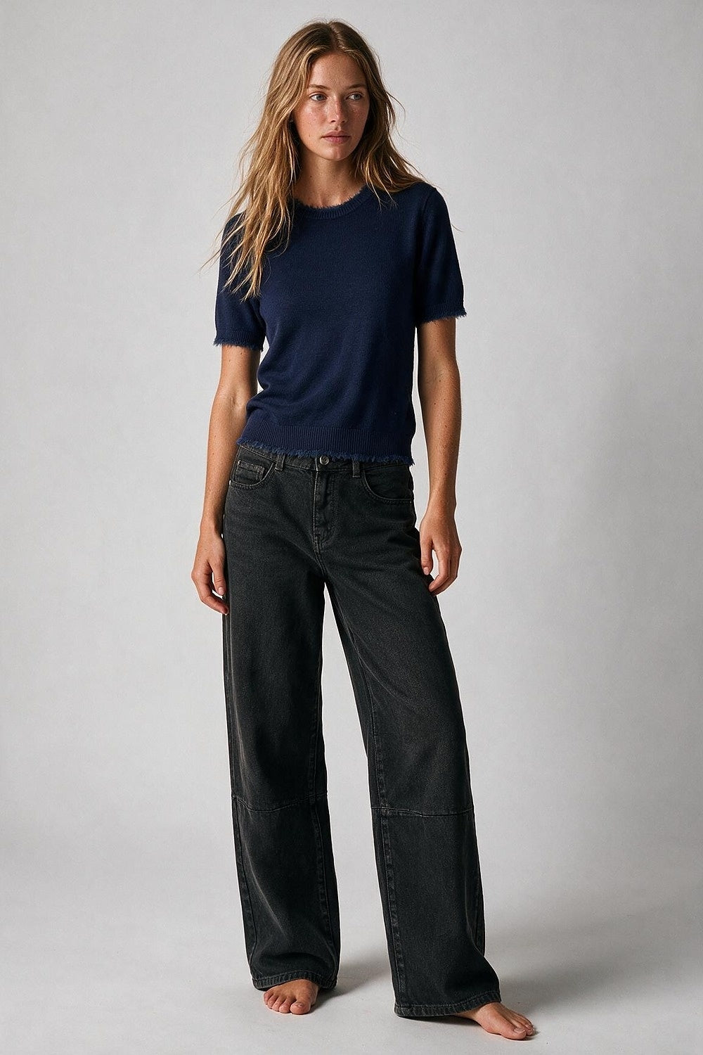 Navy Short Sleeve Crew Neck Sweater with Faux Fur Trim - Tops