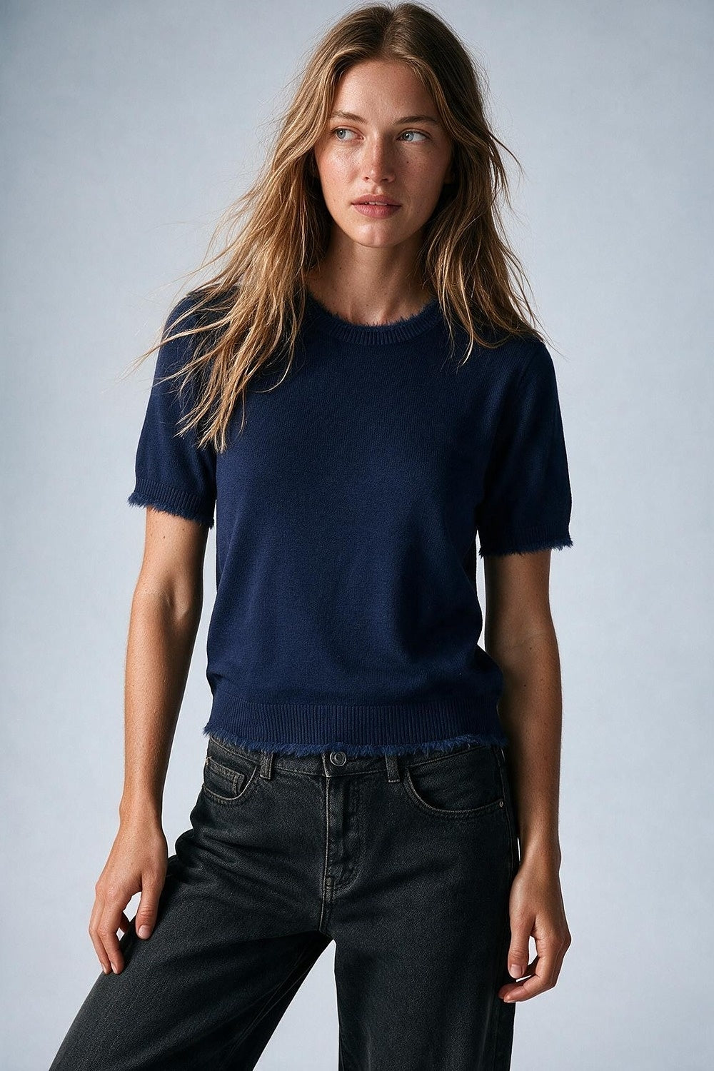 Navy Short Sleeve Crew Neck Sweater with Faux Fur Trim