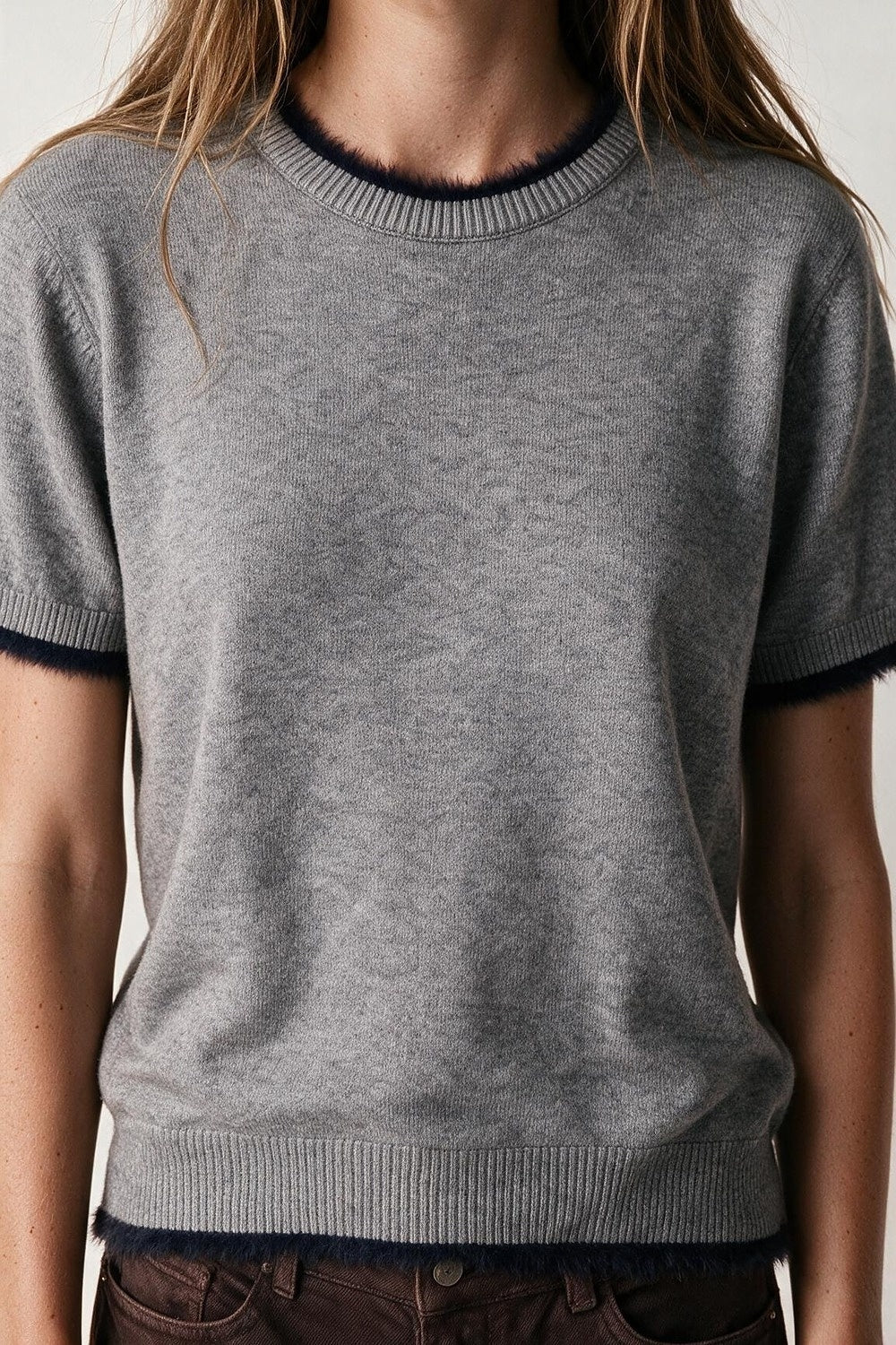 Gray Short Sleeve Crew Neck Sweater with Faux Fur Trim - Tops
