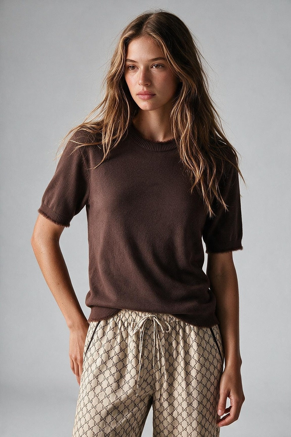 Brown Short Sleeve Crew Neck Sweater with Faux Fur Trim - Tops