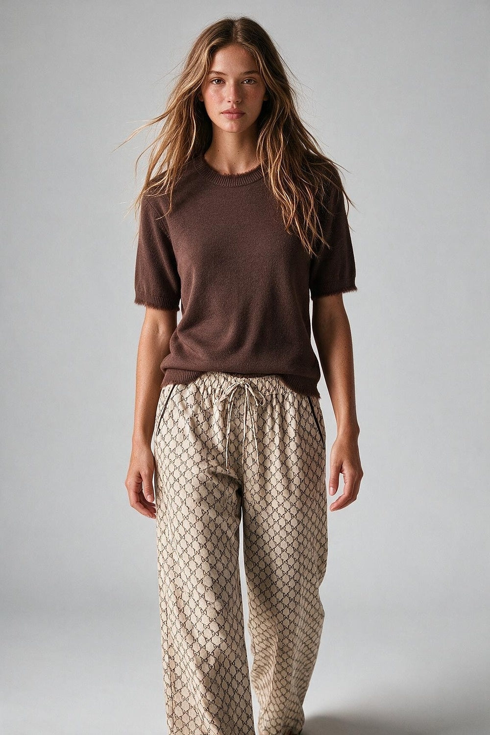 Brown Short Sleeve Crew Neck Sweater with Faux Fur Trim - Tops