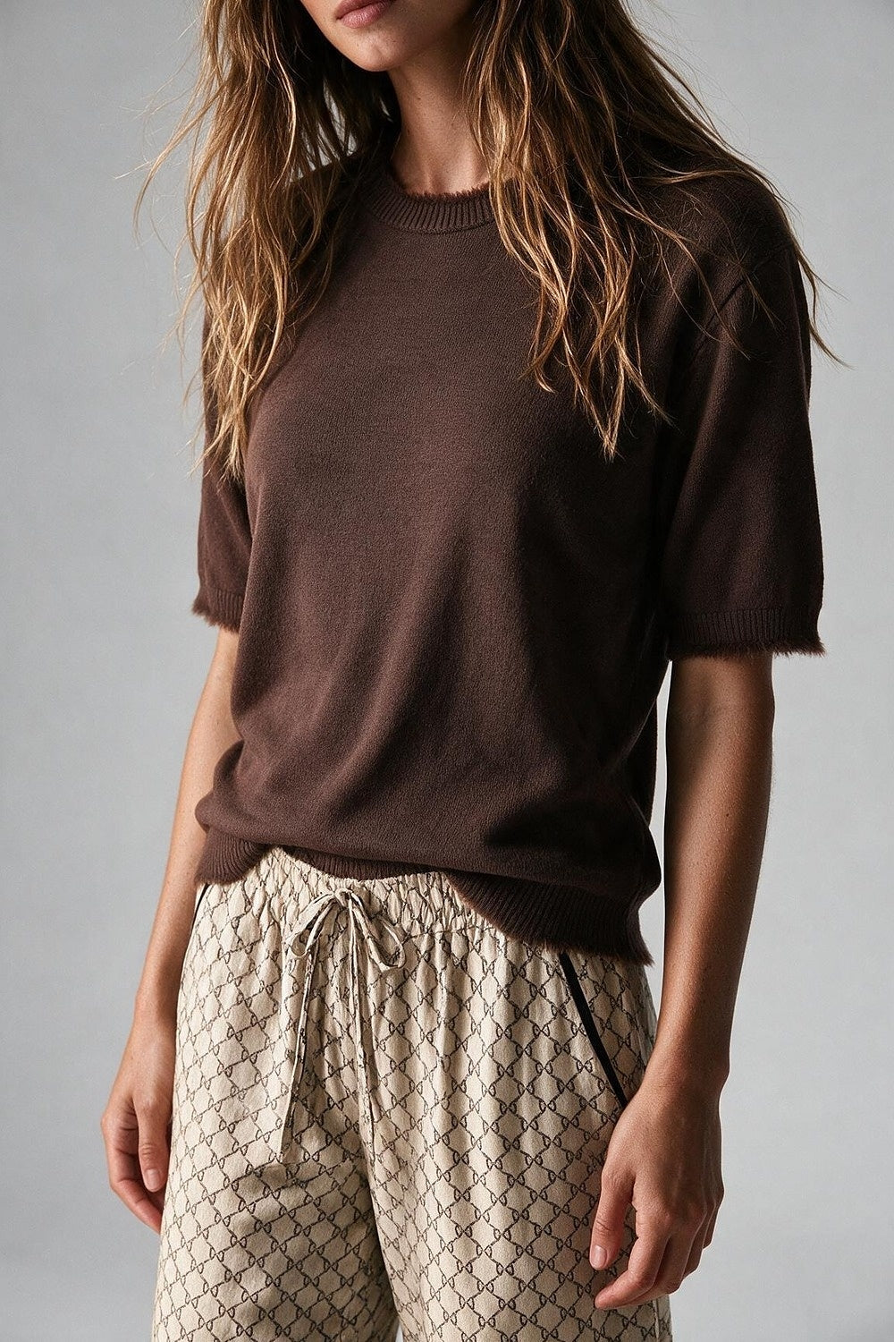 Brown Short Sleeve Crew Neck Sweater with Faux Fur Trim - Tops