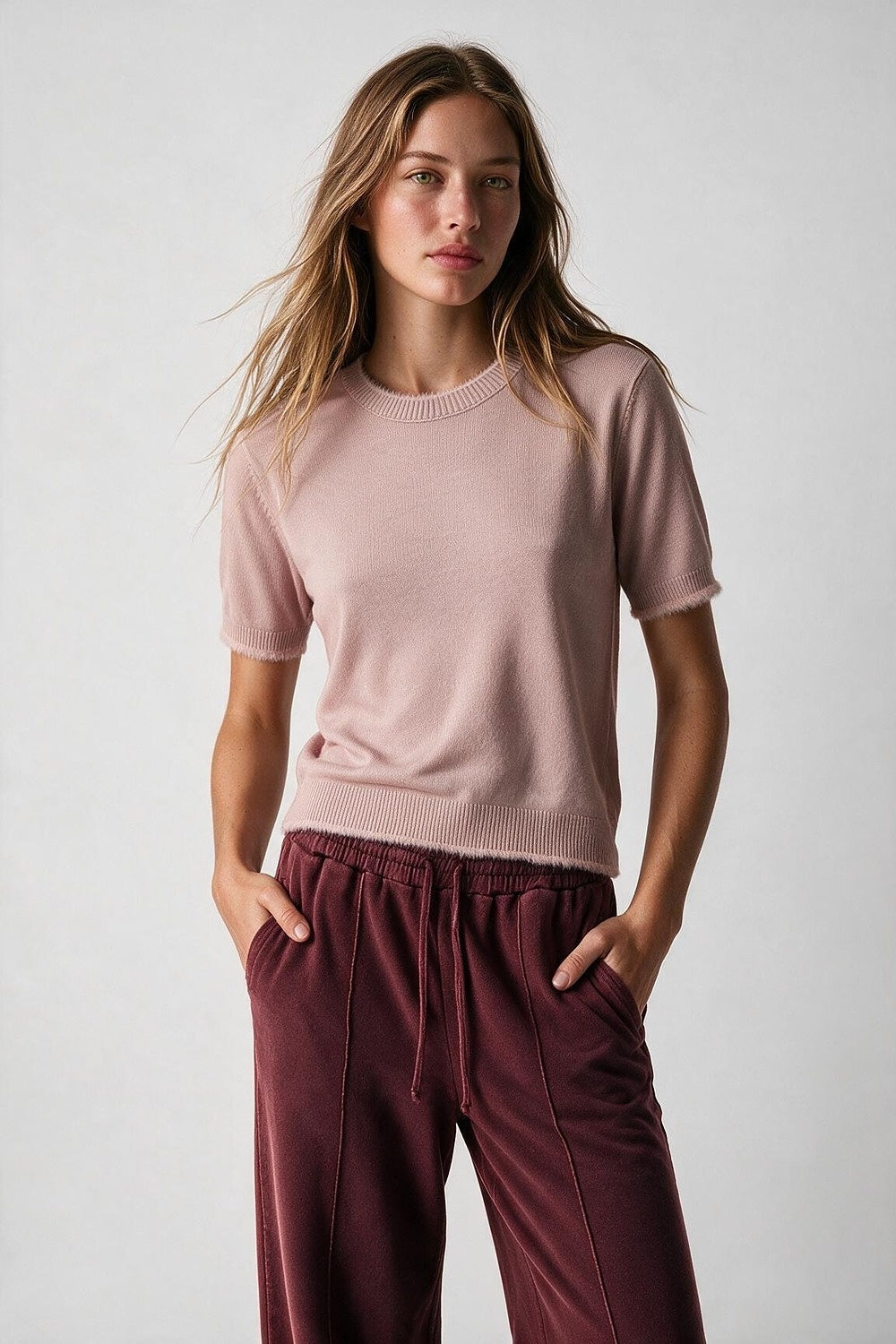 Dusty Pink Short Sleeve Crew Neck Sweater with Faux Fur Trim - Tops
