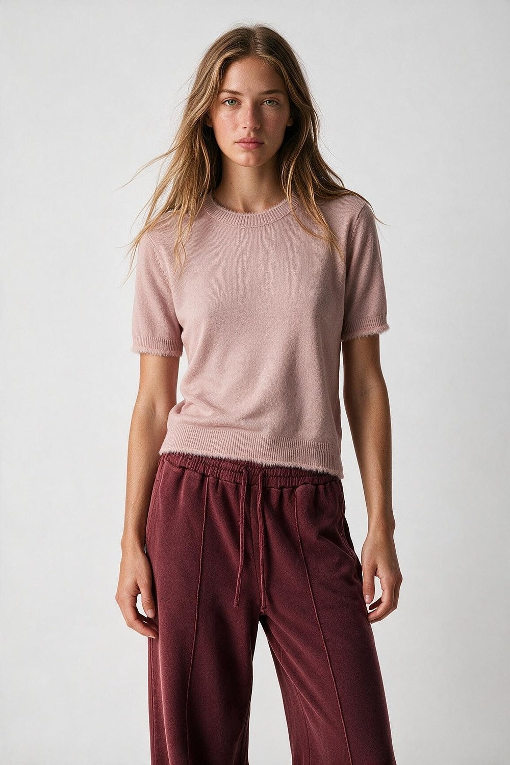 Dusty Pink Short Sleeve Crew Neck Sweater with Faux Fur Trim - Tops