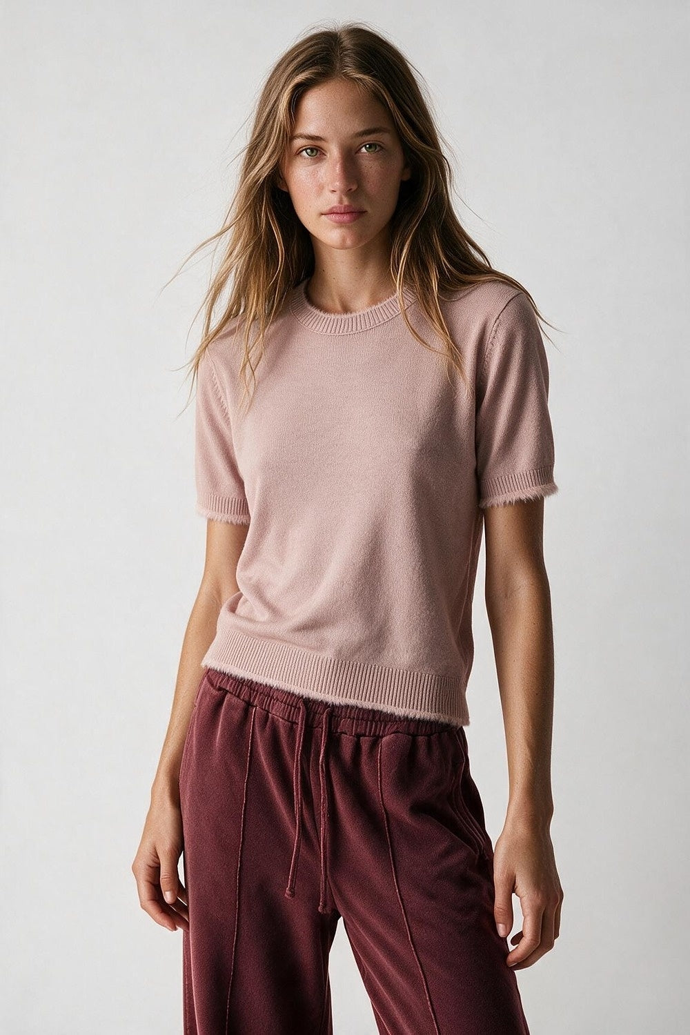 Dusty Pink Short Sleeve Crew Neck Sweater with Faux Fur Trim - Tops