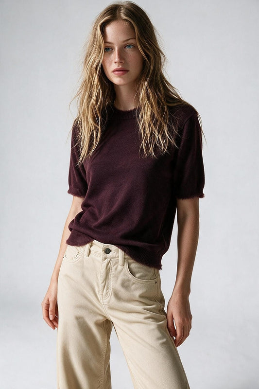 Purple Short Sleeve Crew Neck Sweater with Faux Fur Trim - Tops