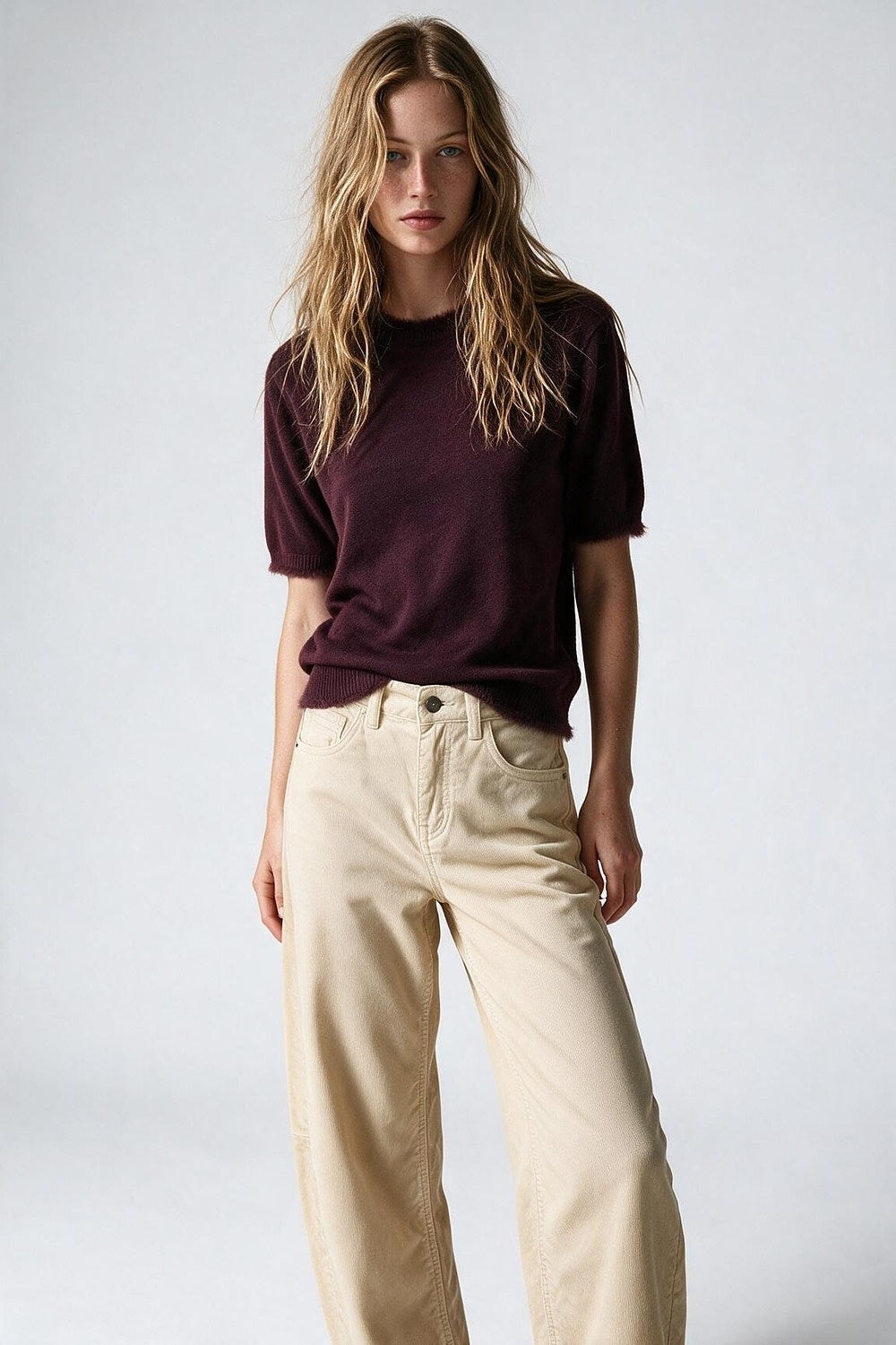 Purple Short Sleeve Crew Neck Sweater with Faux Fur Trim - Tops