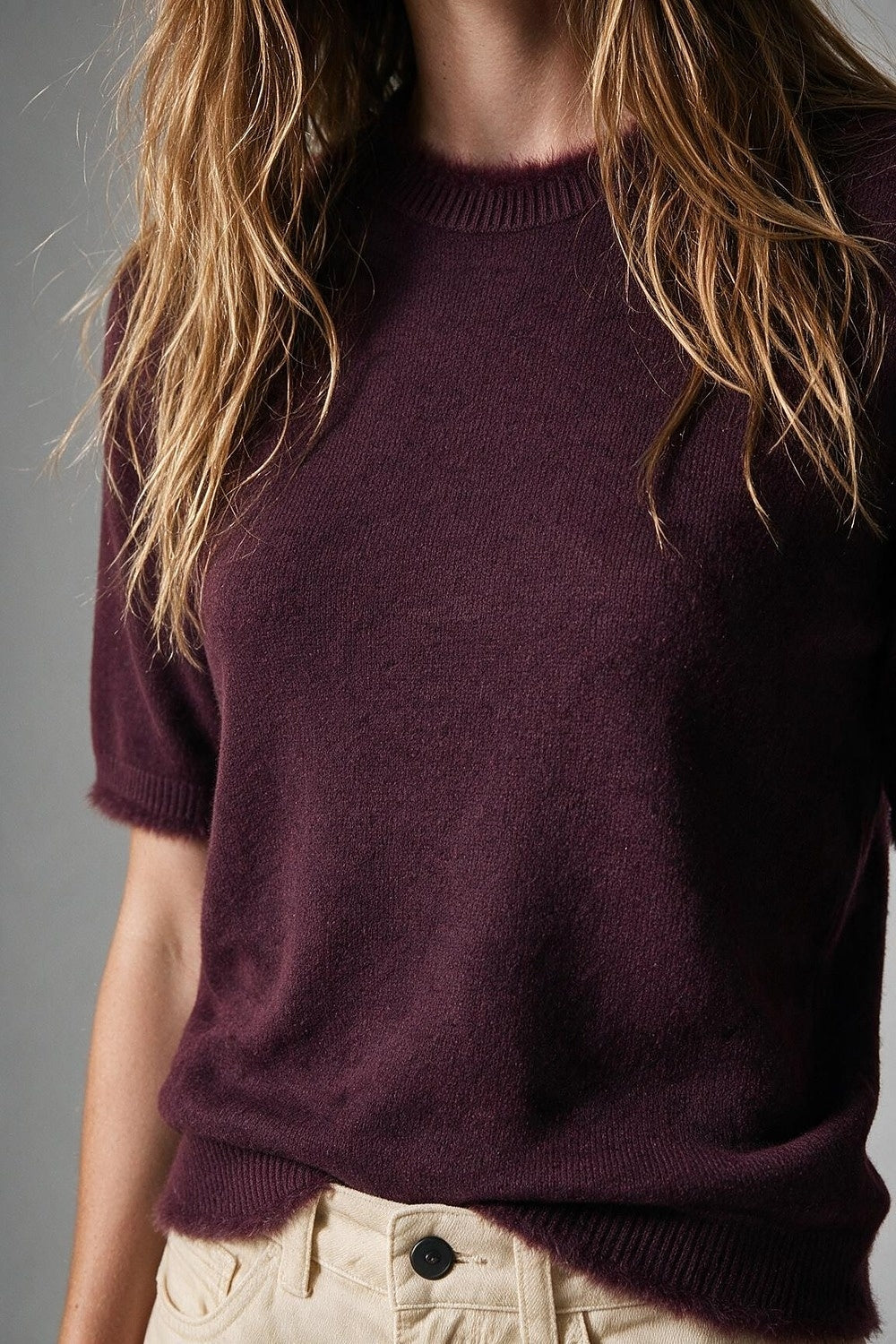Purple Short Sleeve Crew Neck Sweater with Faux Fur Trim - Tops