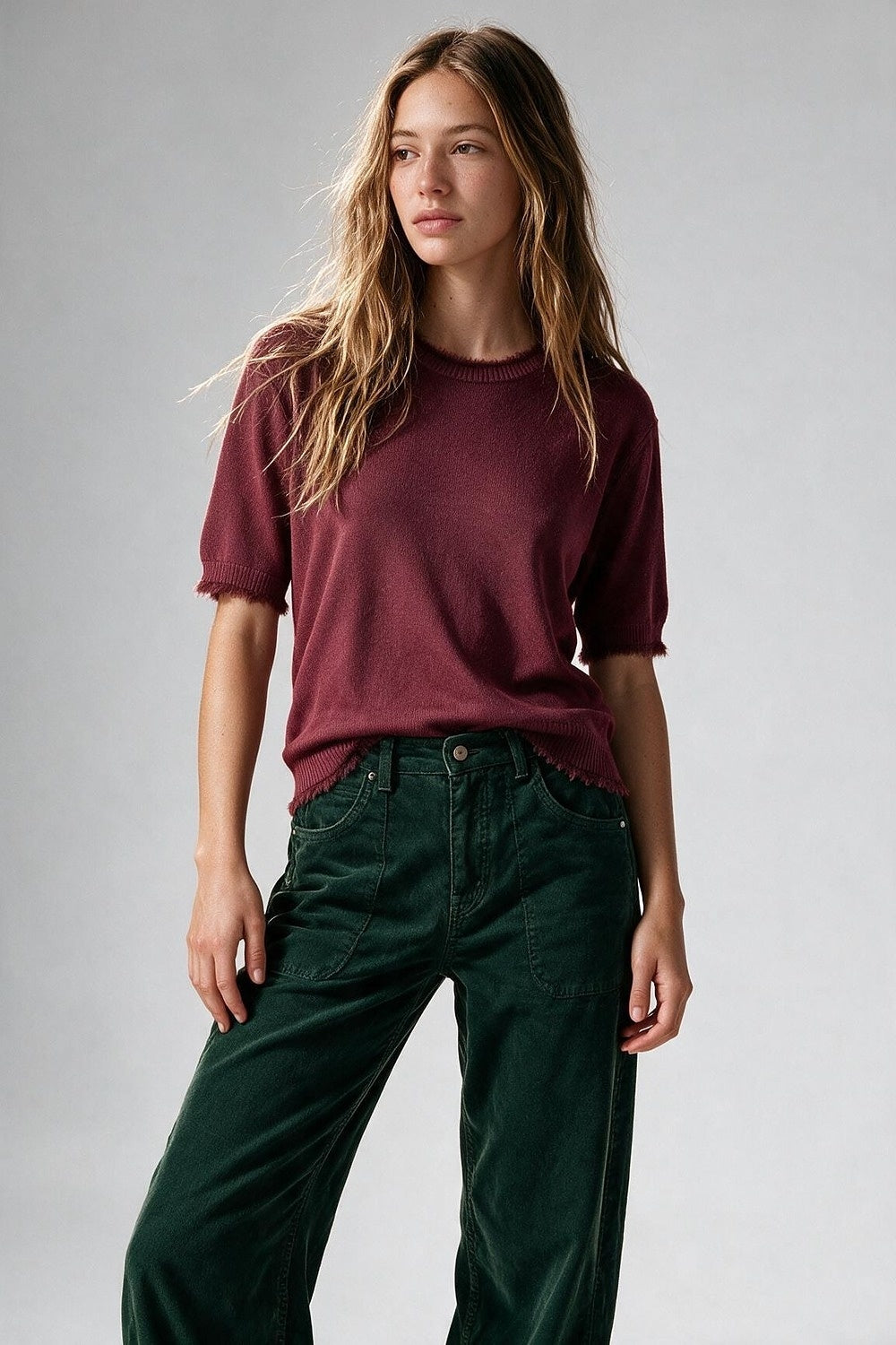Burgundy Short Sleeve Crew Neck Sweater with Faux Fur Trim - Tops