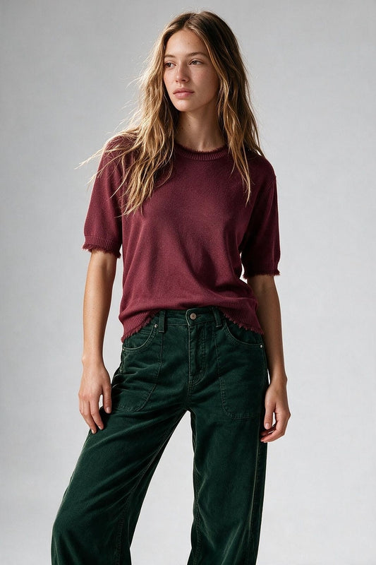 Burgundy Short Sleeve Crew Neck Sweater with Faux Fur Trim - Tops