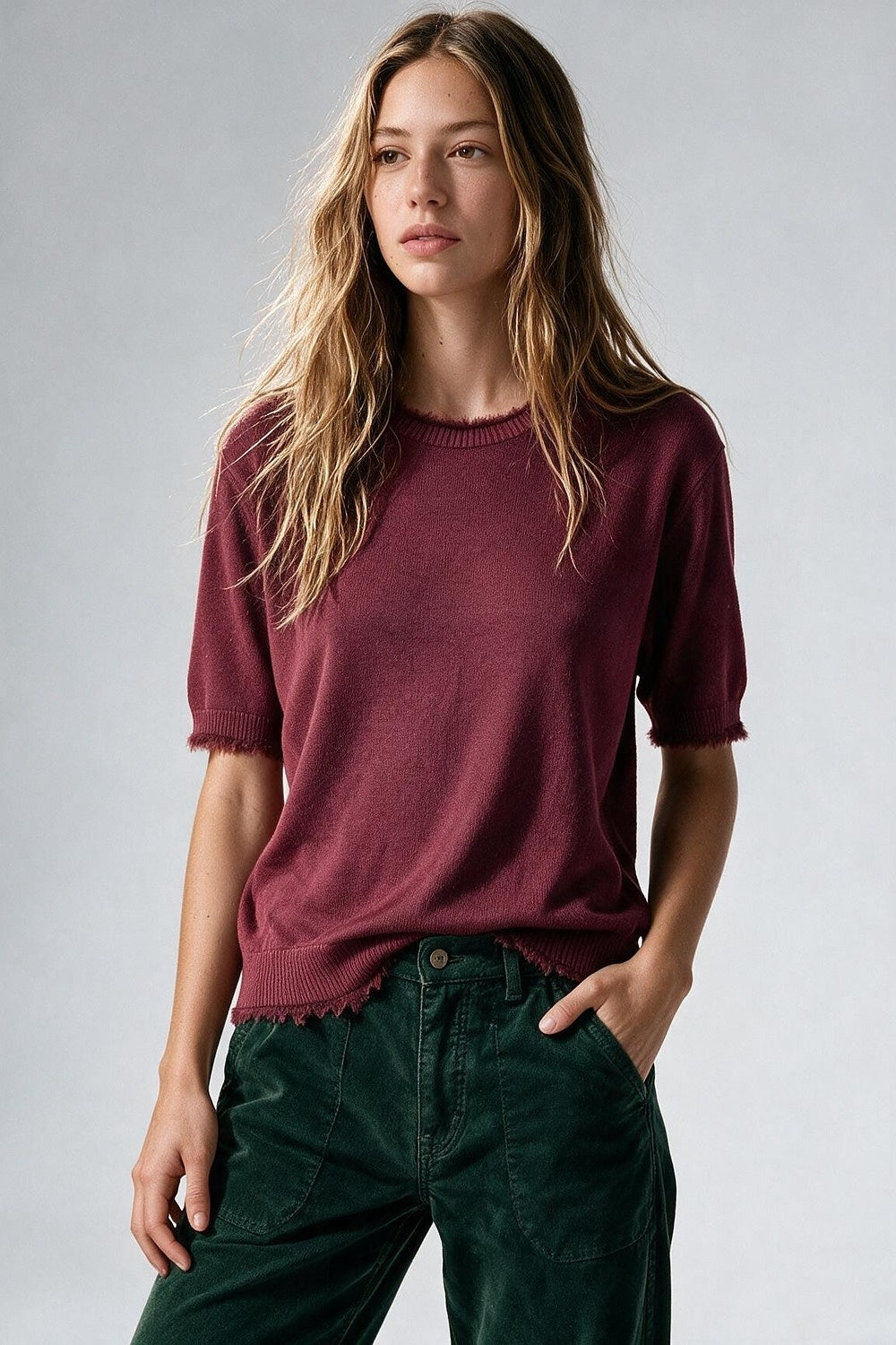 Burgundy Short Sleeve Crew Neck Sweater with Faux Fur Trim - Tops