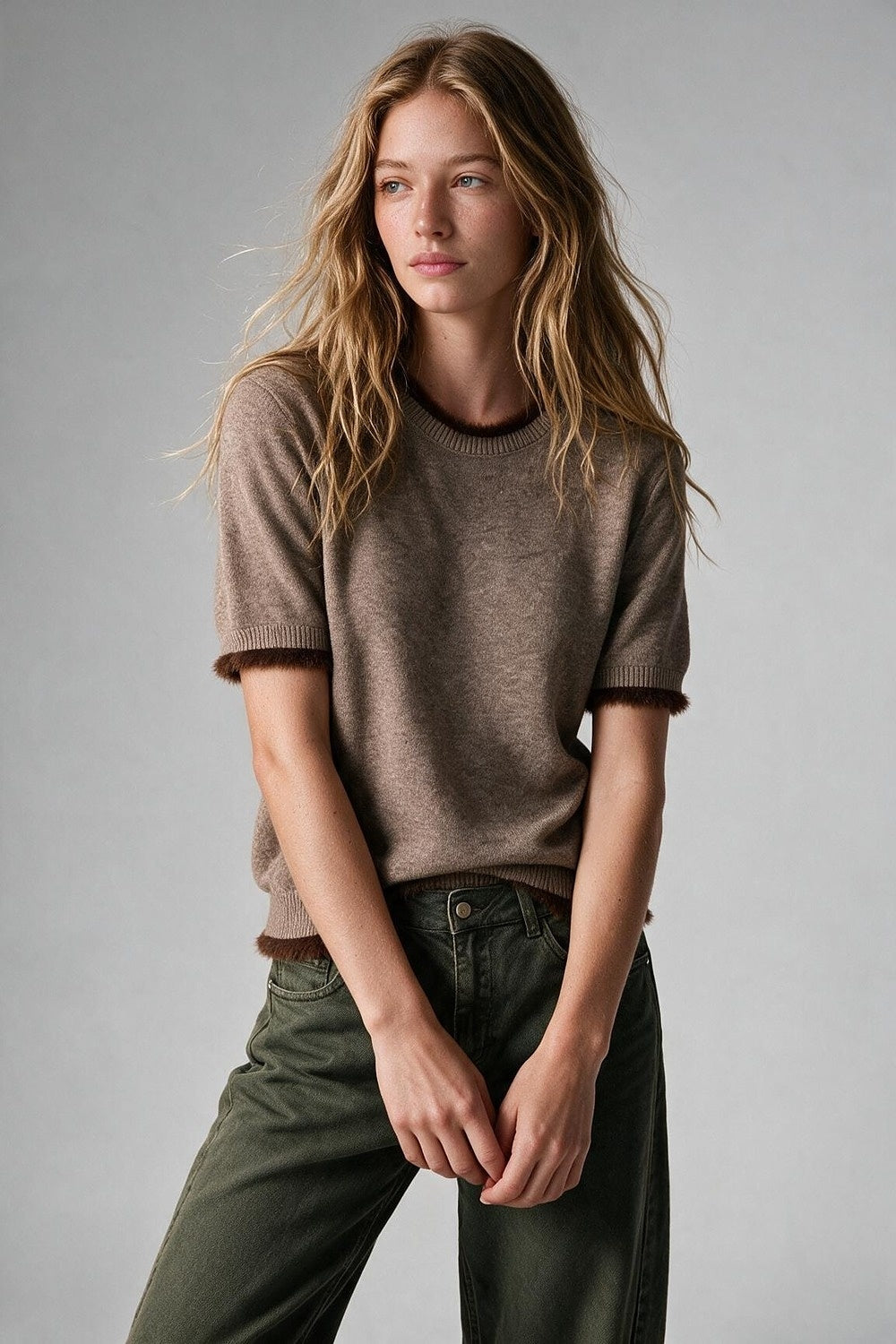 Camel Short Sleeve Crew Neck Sweater with Faux Fur Trim - Tops