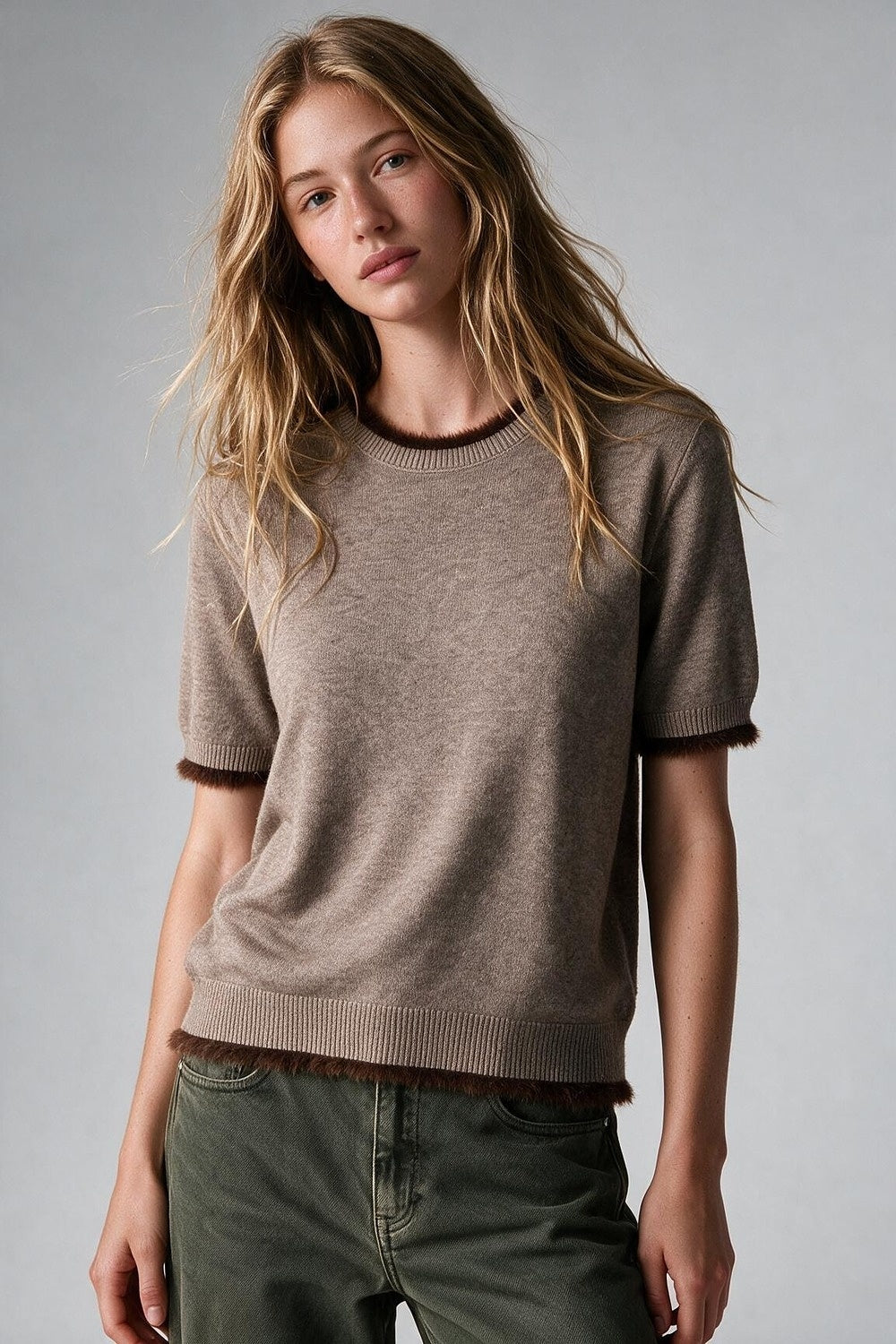 Camel Short Sleeve Crew Neck Sweater with Faux Fur Trim - Tops