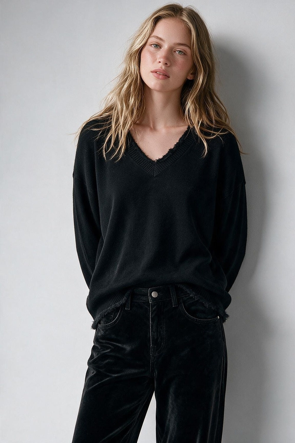 Black V-Neck Sweater with Faux Fur Trim - Jumpers