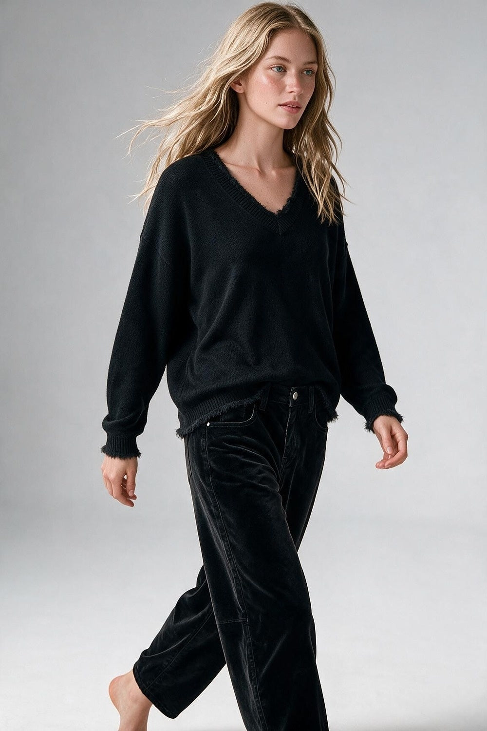 Black V-Neck Sweater with Faux Fur Trim - Jumpers