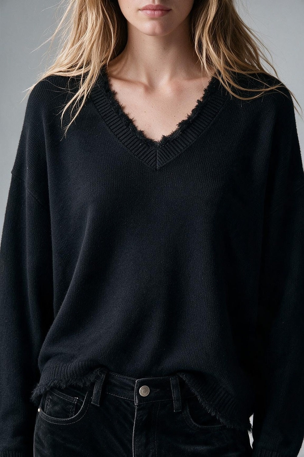 Black V-Neck Sweater with Faux Fur Trim - Jumpers