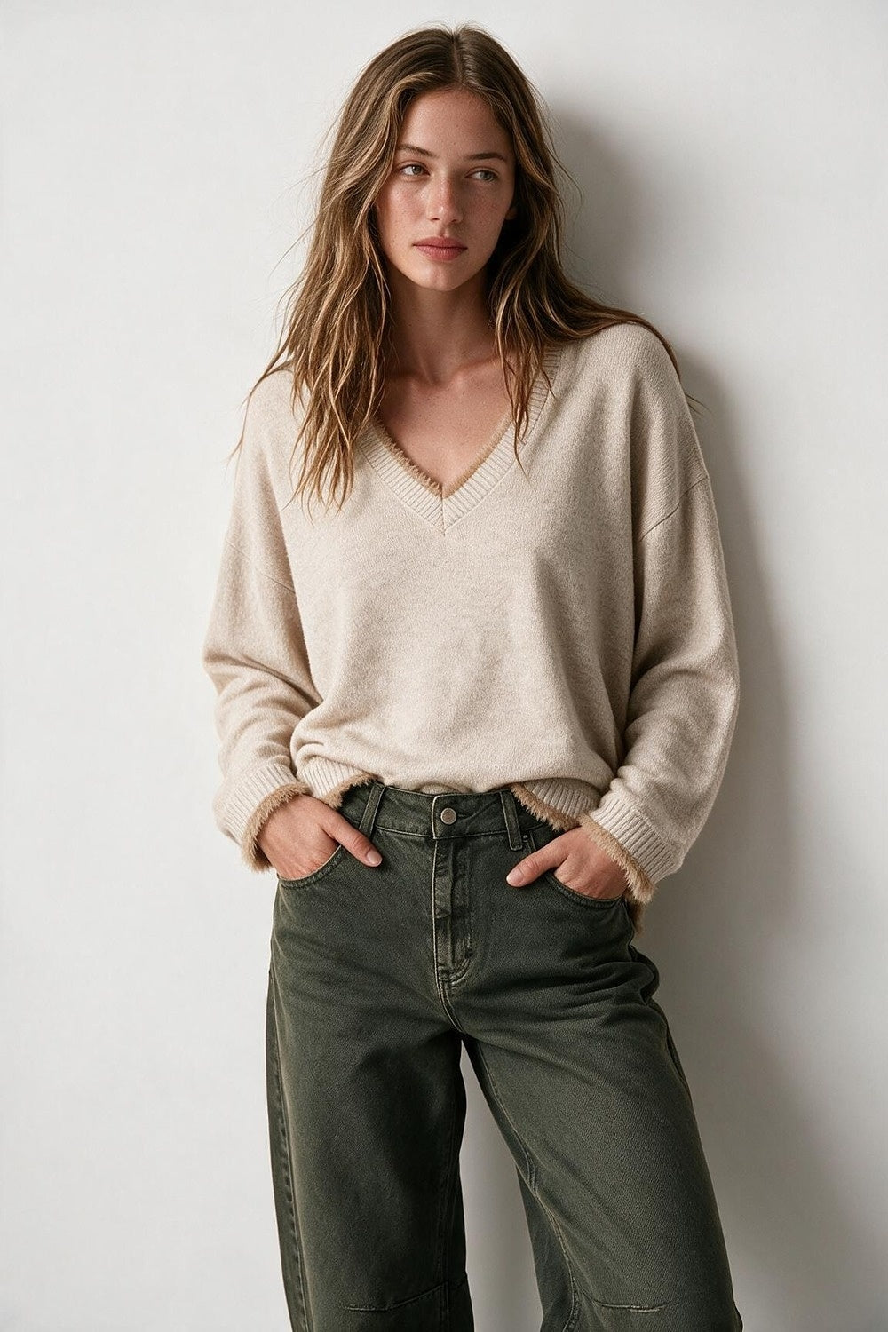 Beige V-Neck Sweater with Faux Fur Trim - Jumpers