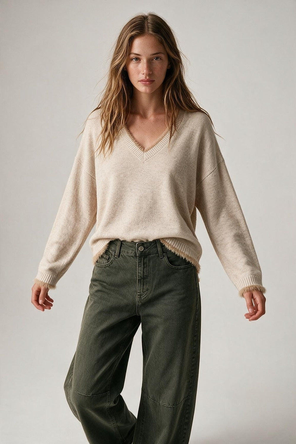 Beige V-Neck Sweater with Faux Fur Trim - Jumpers