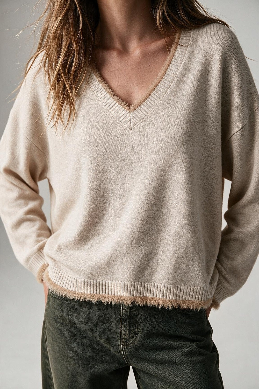 Beige V-Neck Sweater with Faux Fur Trim - Jumpers