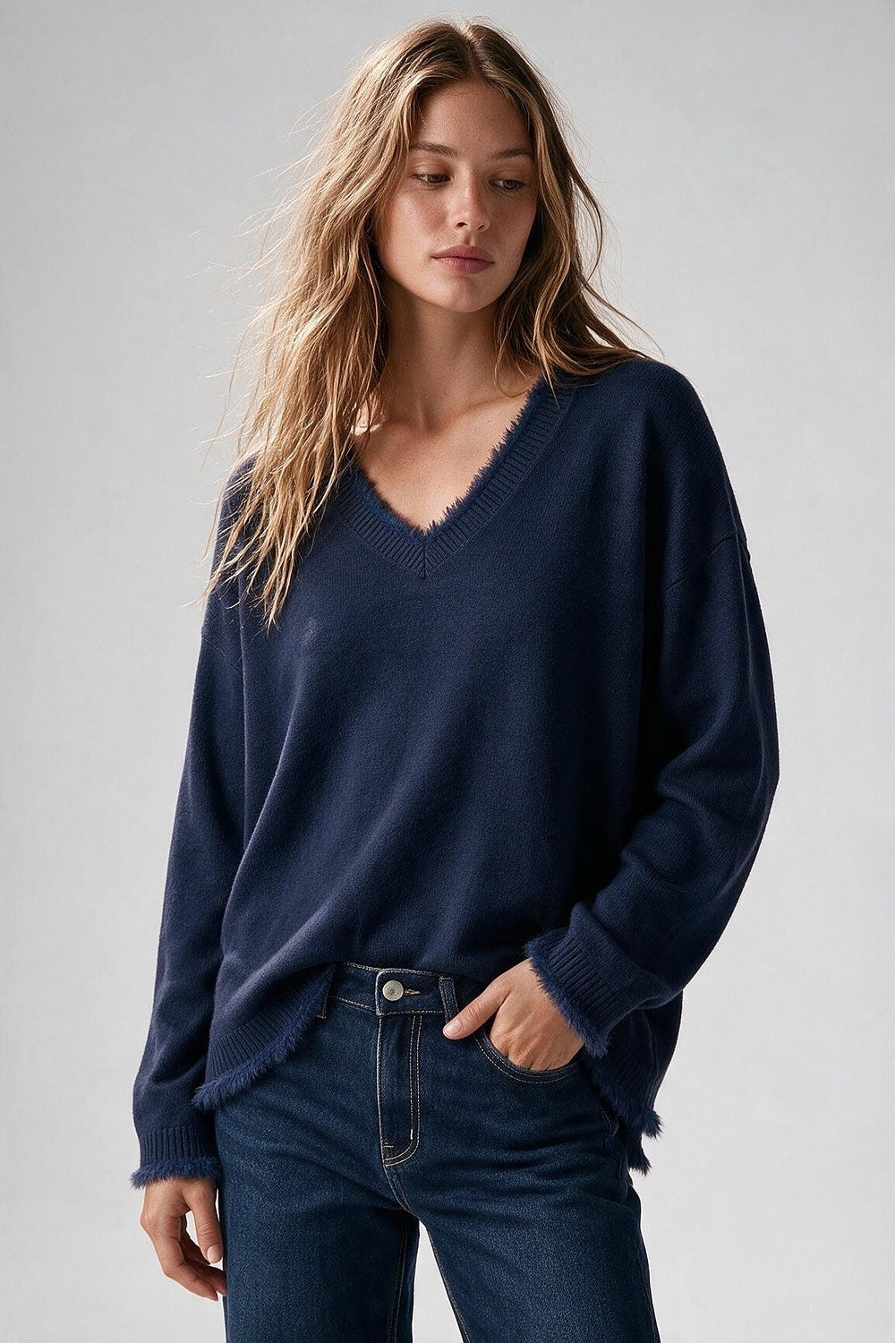 Navy V-Neck Sweater with Faux Fur Trim - Jumpers