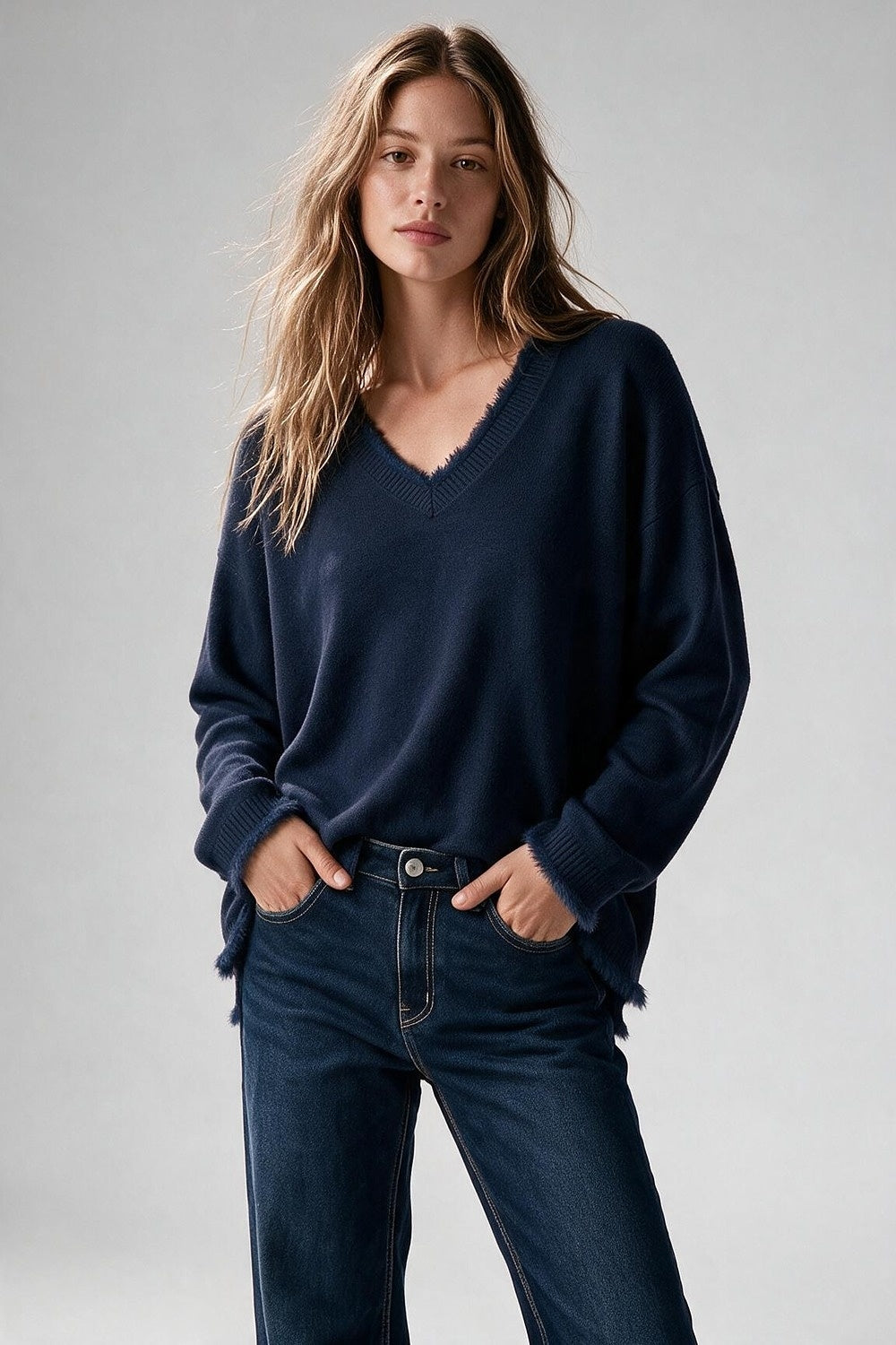 Navy V-Neck Sweater with Faux Fur Trim - Jumpers