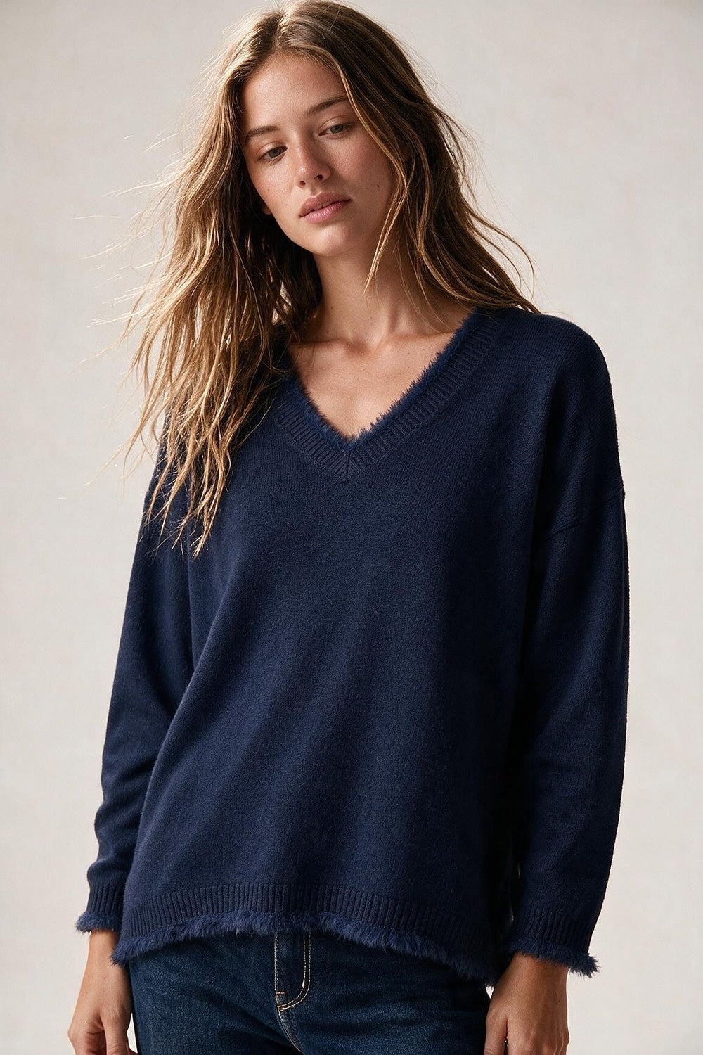 Navy V-Neck Sweater with Faux Fur Trim - Jumpers
