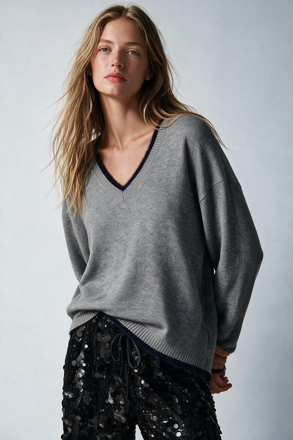 Gray V-Neck Sweater with Faux Fur Trim