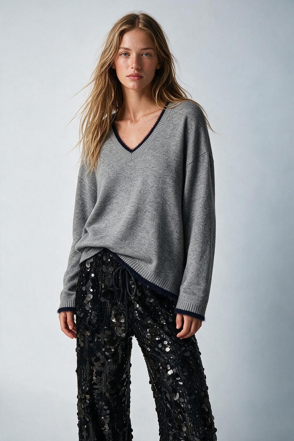 Gray V-Neck Sweater with Faux Fur Trim - Jumpers