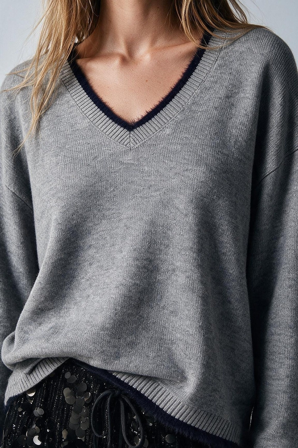 Gray V-Neck Sweater with Faux Fur Trim - Jumpers