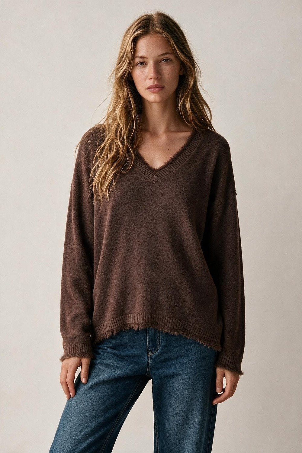 Brown V-Neck Sweater with Faux Fur Trim