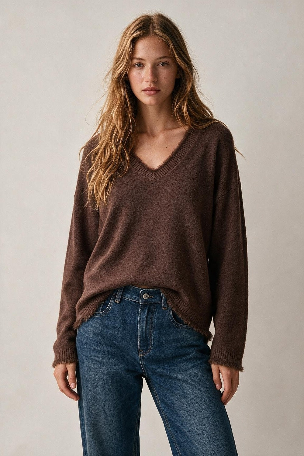 Brown V-Neck Sweater with Faux Fur Trim - Jumpers