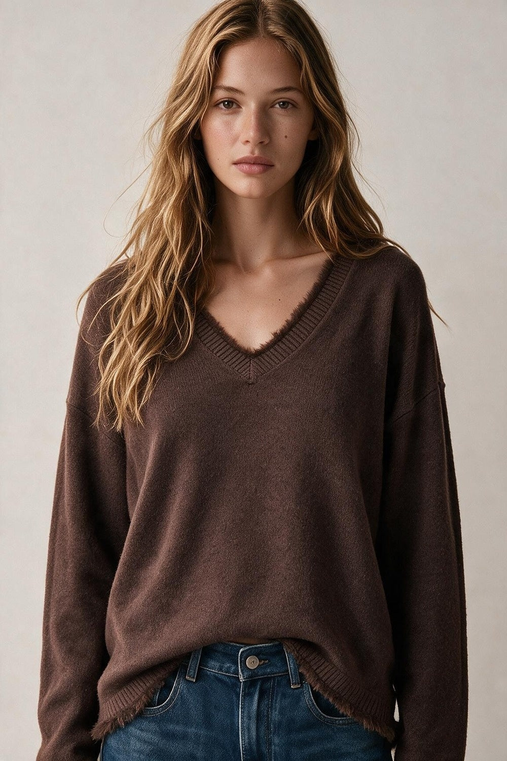 Brown V-Neck Sweater with Faux Fur Trim - Jumpers