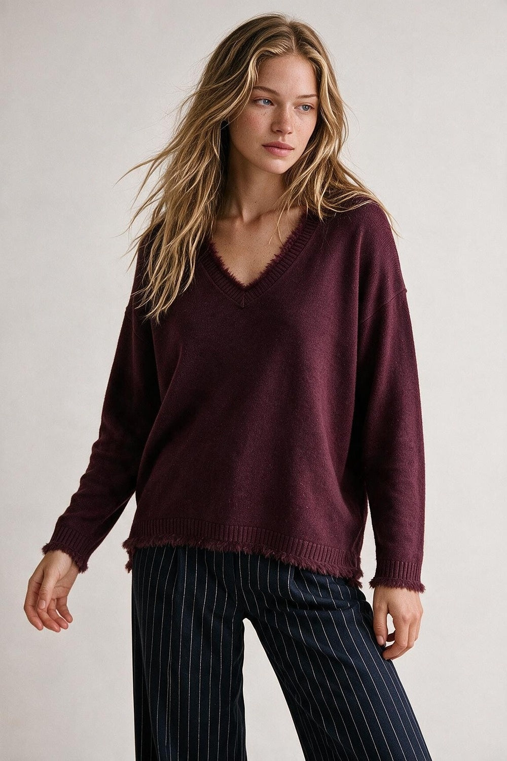 Purple V-Neck Sweater with Faux Fur Trim