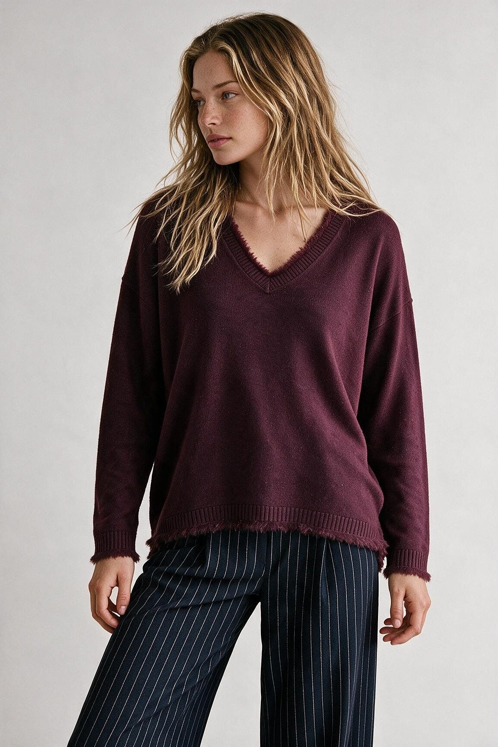 Purple V-Neck Sweater with Faux Fur Trim - Jumpers