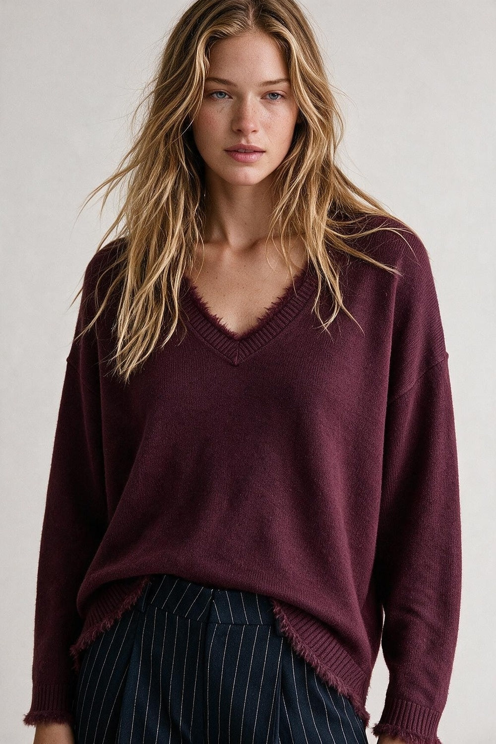 Purple V-Neck Sweater with Faux Fur Trim - Jumpers