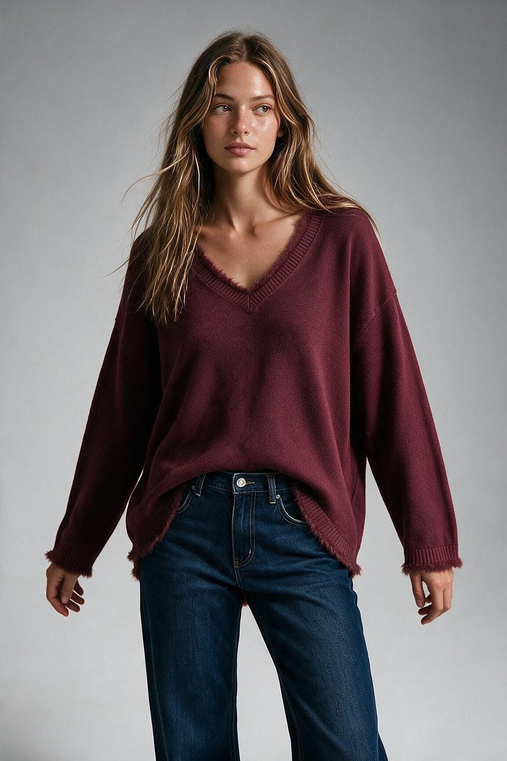 Burgundy V-Neck Sweater with Faux Fur Trim - Jumpers