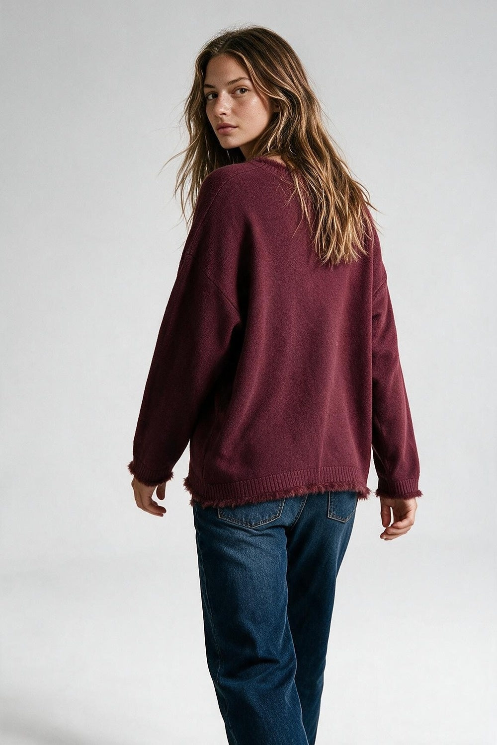 Burgundy V-Neck Sweater with Faux Fur Trim - Jumpers