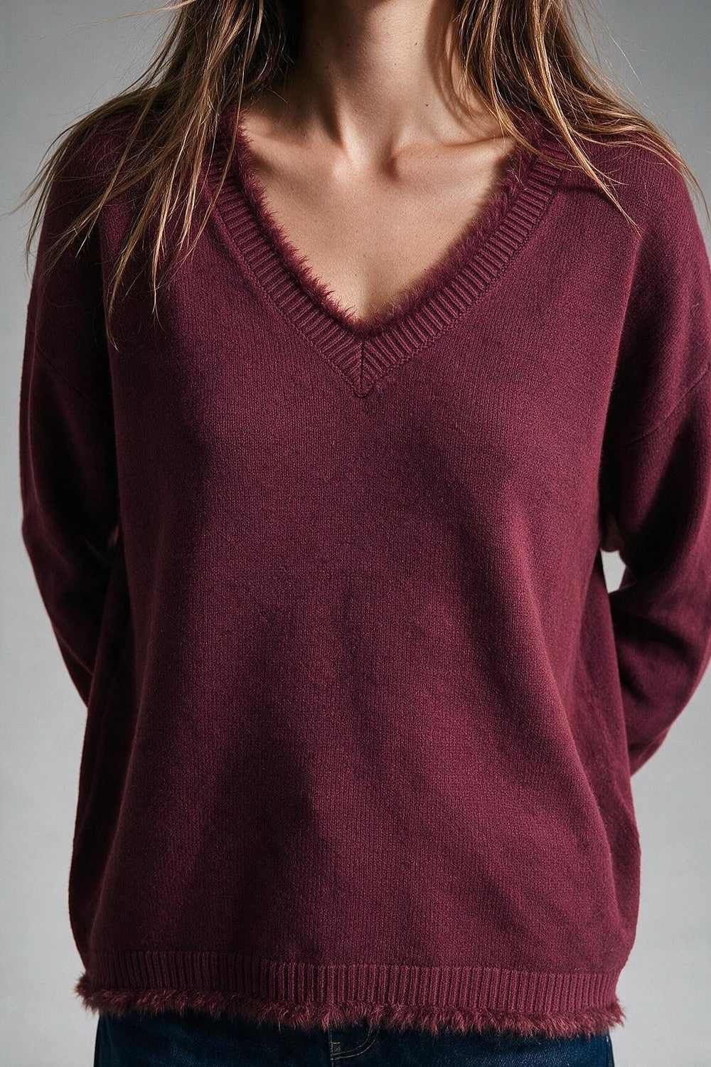 Burgundy V-Neck Sweater with Faux Fur Trim - Jumpers