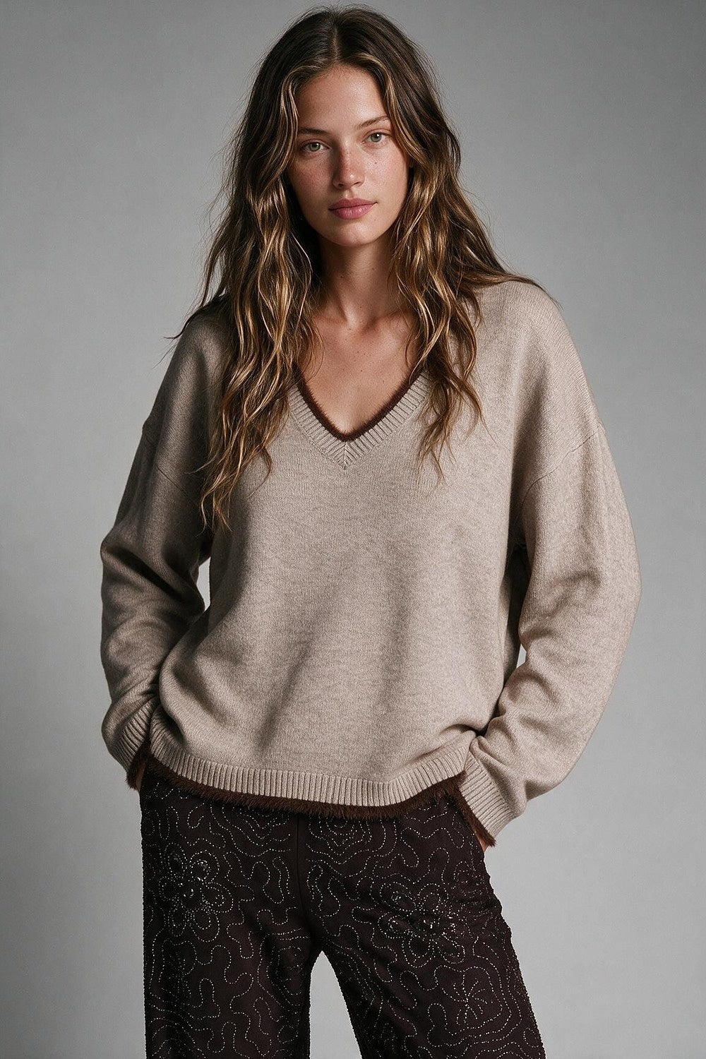 Camel V-Neck Sweater with Faux Fur Trim