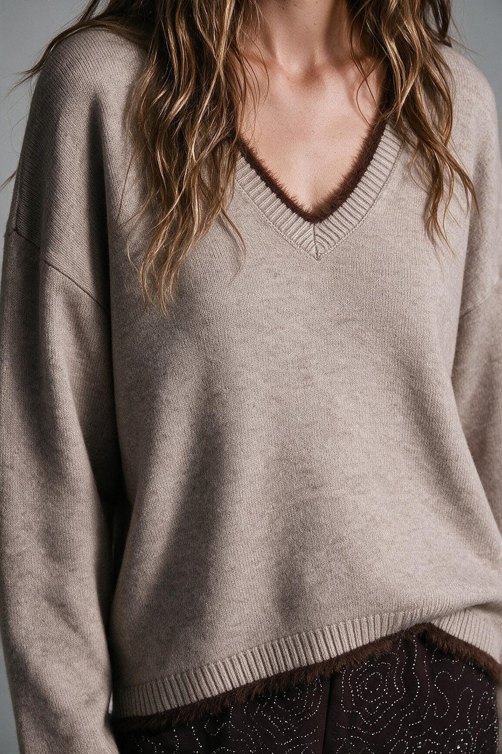 Camel V-Neck Sweater with Faux Fur Trim - Jumpers