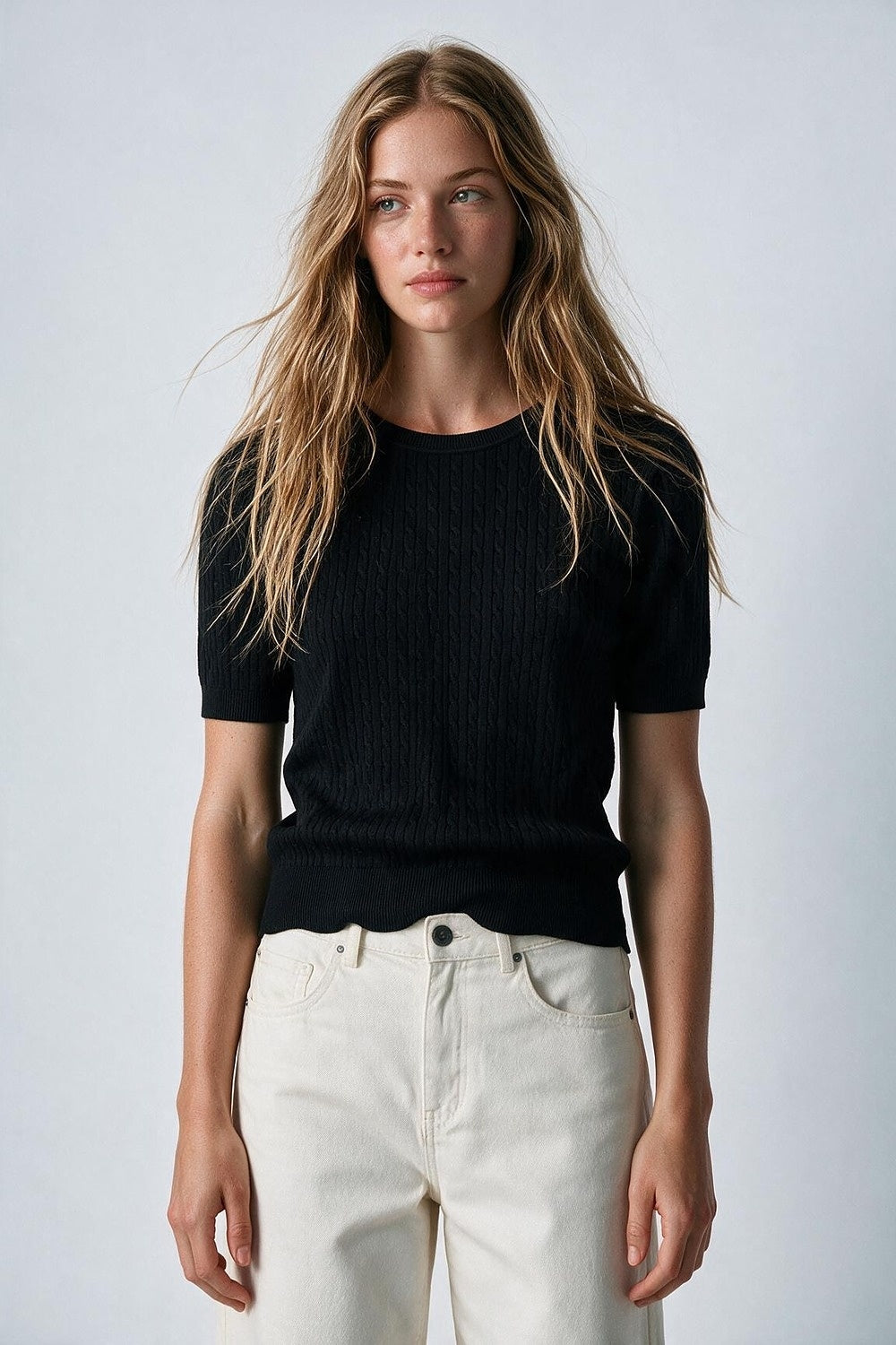 Black Cable Knit Crew Neck Short Sleeve Sweater
