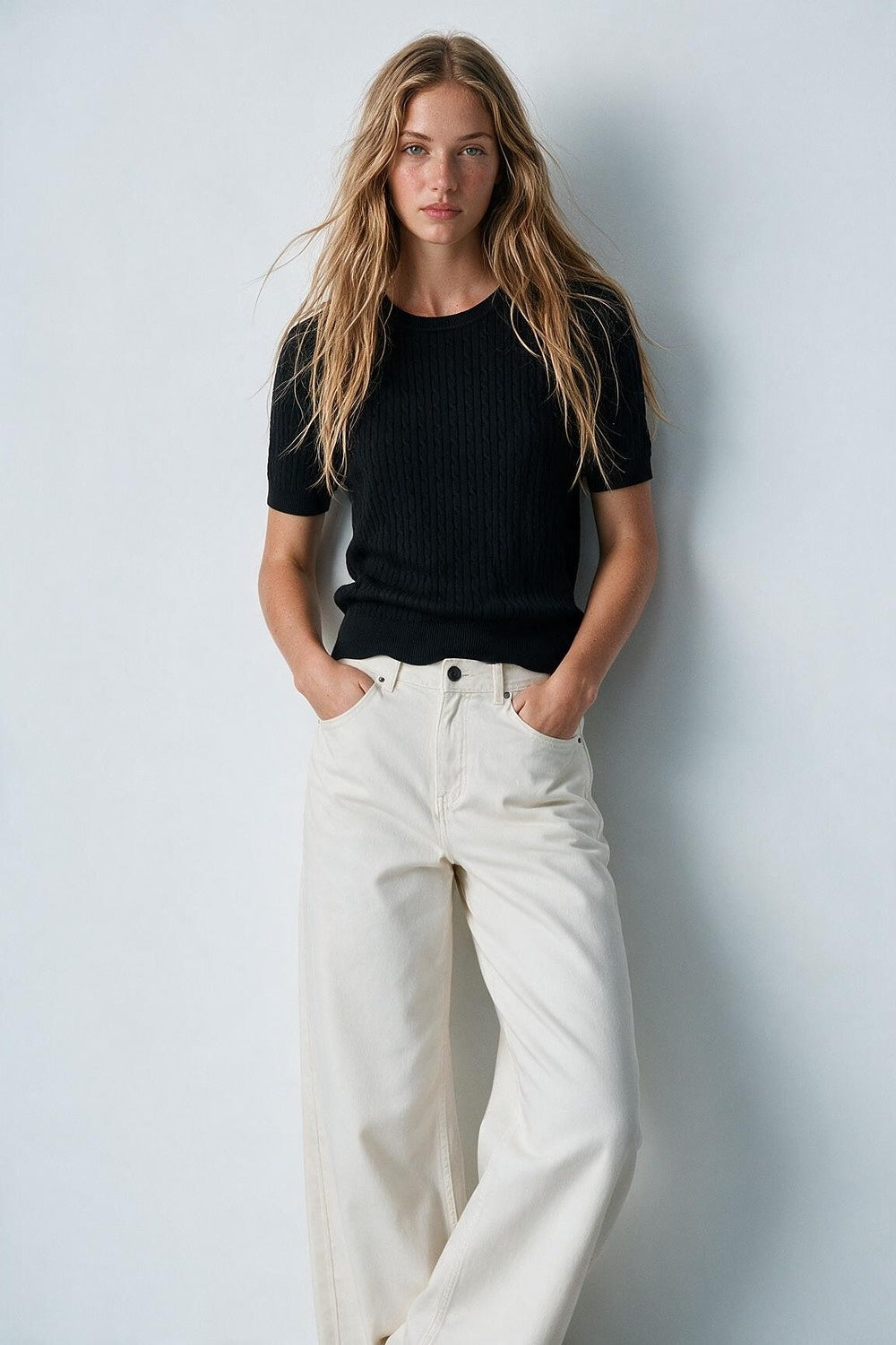 Black Cable Knit Crew Neck Short Sleeve Sweater - Tops