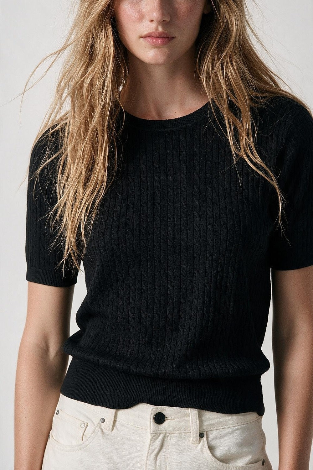 Black Cable Knit Crew Neck Short Sleeve Sweater - Tops