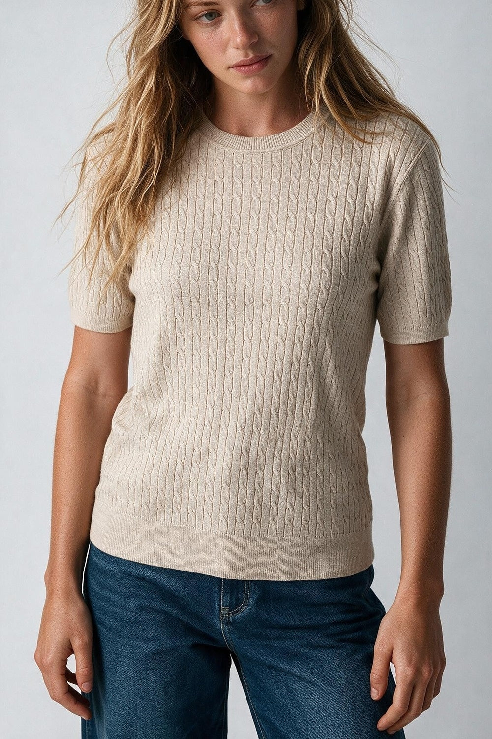 Beige Cable Knit Crew Neck Short Sleeve Sweater - Tops
